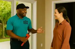 Plumber in teal uniform talking with a woman at her home
